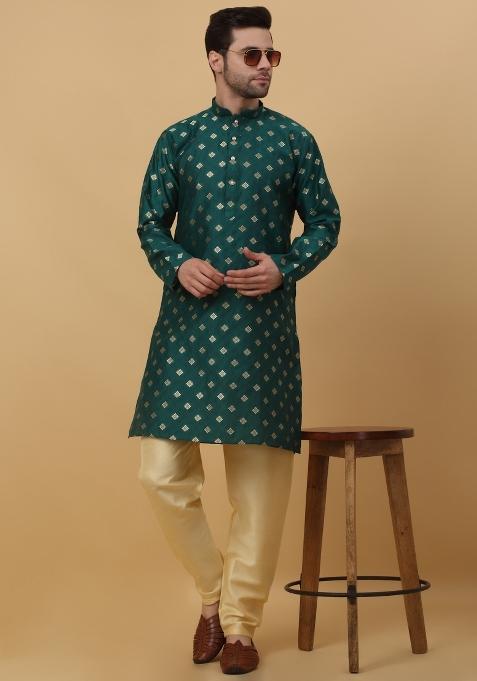 Green Woven Silk Blend Kurta Set For Men