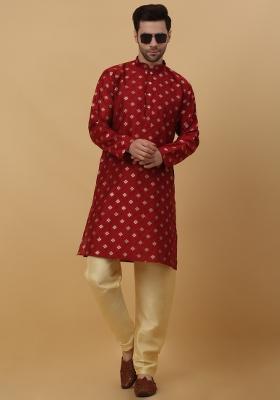 Red Woven Silk Blend Kurta Set For Men