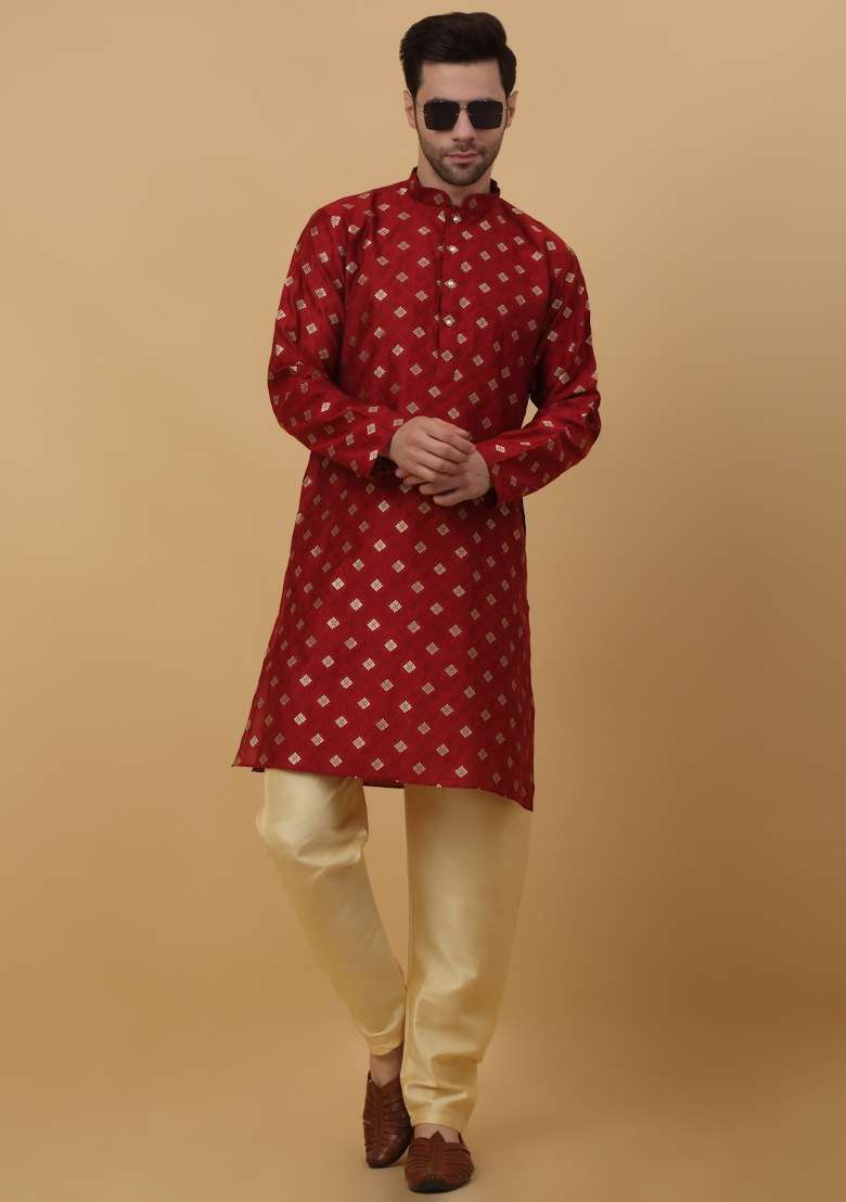 Red Woven Silk Blend Kurta Set For Men - Indya