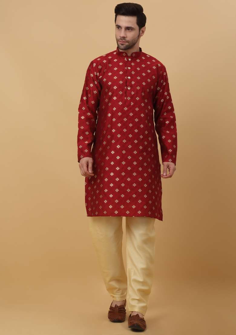 Red Woven Silk Blend Kurta Set For Men - Indya