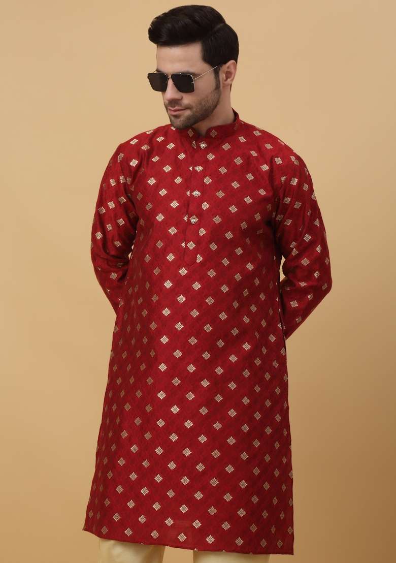 Red Woven Silk Blend Kurta Set For Men - Indya