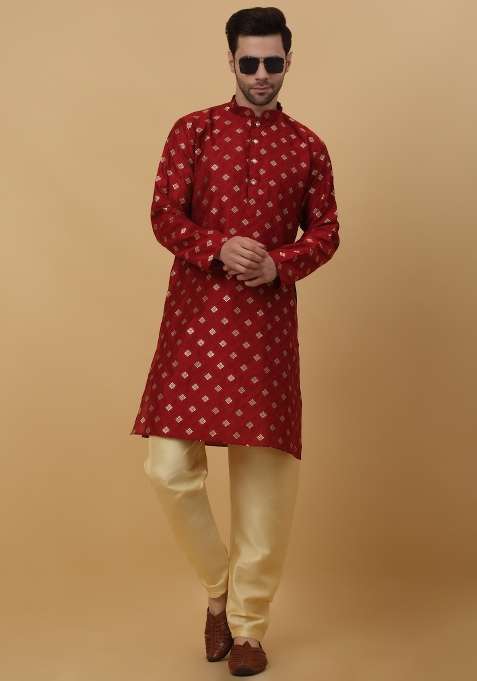Red Woven Silk Blend Kurta Set For Men