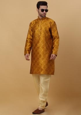 Yellow Woven Silk Blend Kurta Set For Men