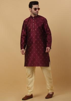 Wine Woven Silk Blend Kurta Set For Men