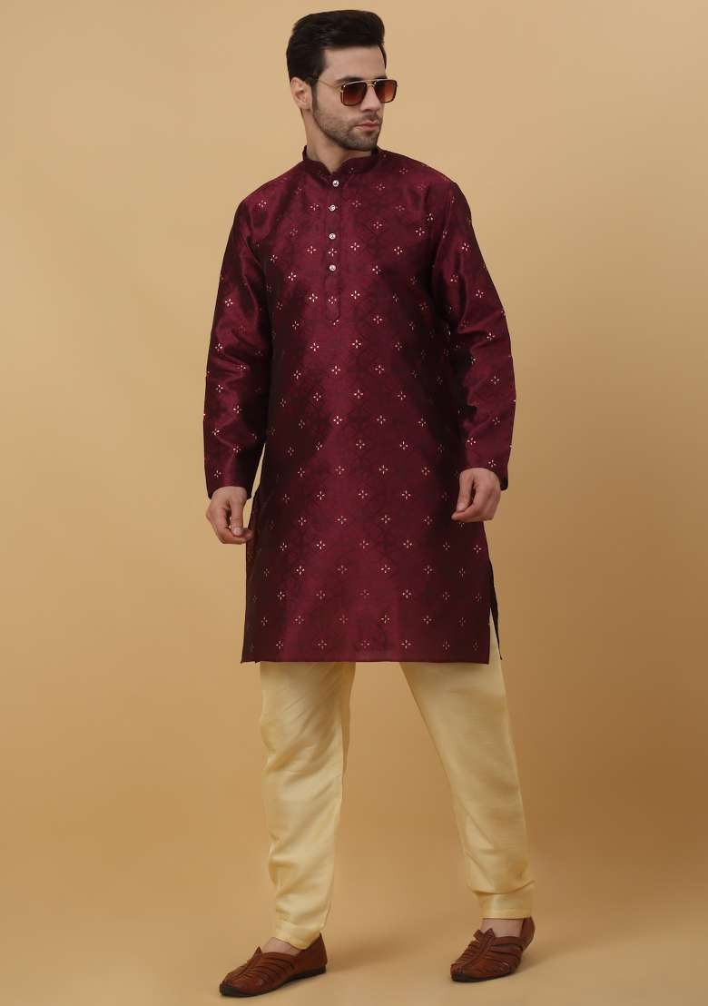 Wine Woven Silk Blend Kurta Set For Men - Indya