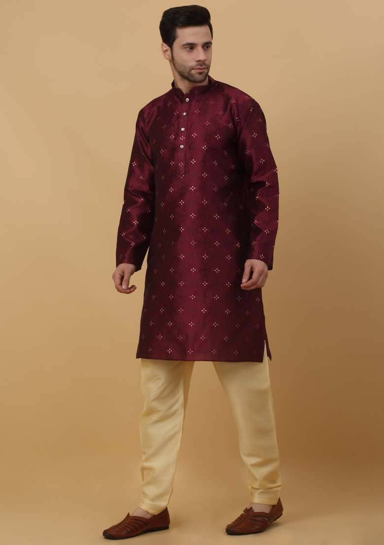 Wine Woven Silk Blend Kurta Set For Men - Indya