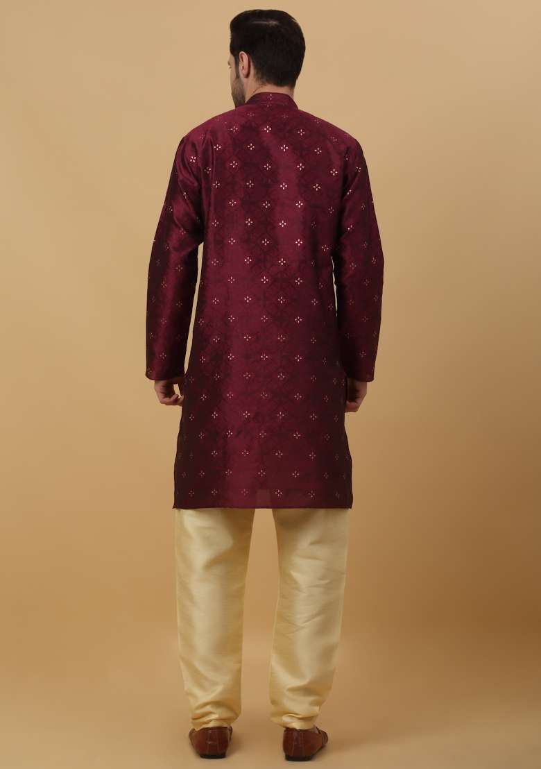 Wine Woven Silk Blend Kurta Set For Men - Indya
