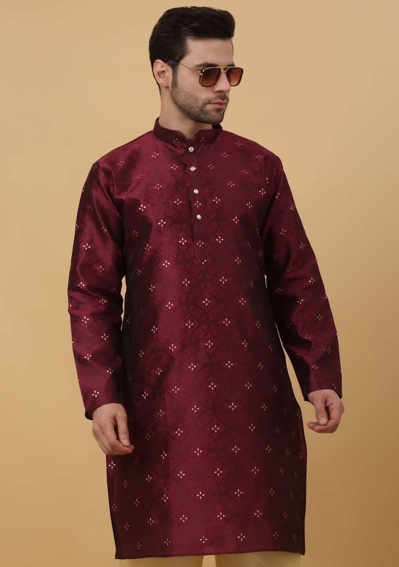 Wine Woven Silk Blend Kurta Set For Men - Indya