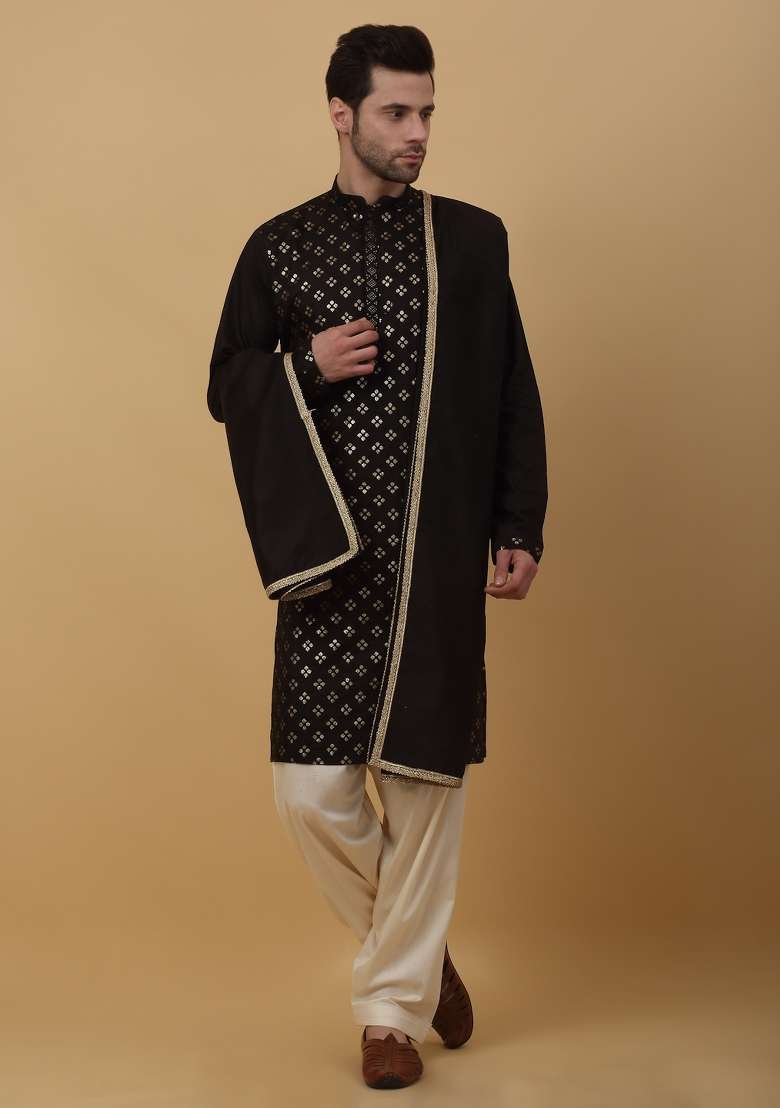 Black Embroidered Silk Blend Kurta Set For Men - Indya