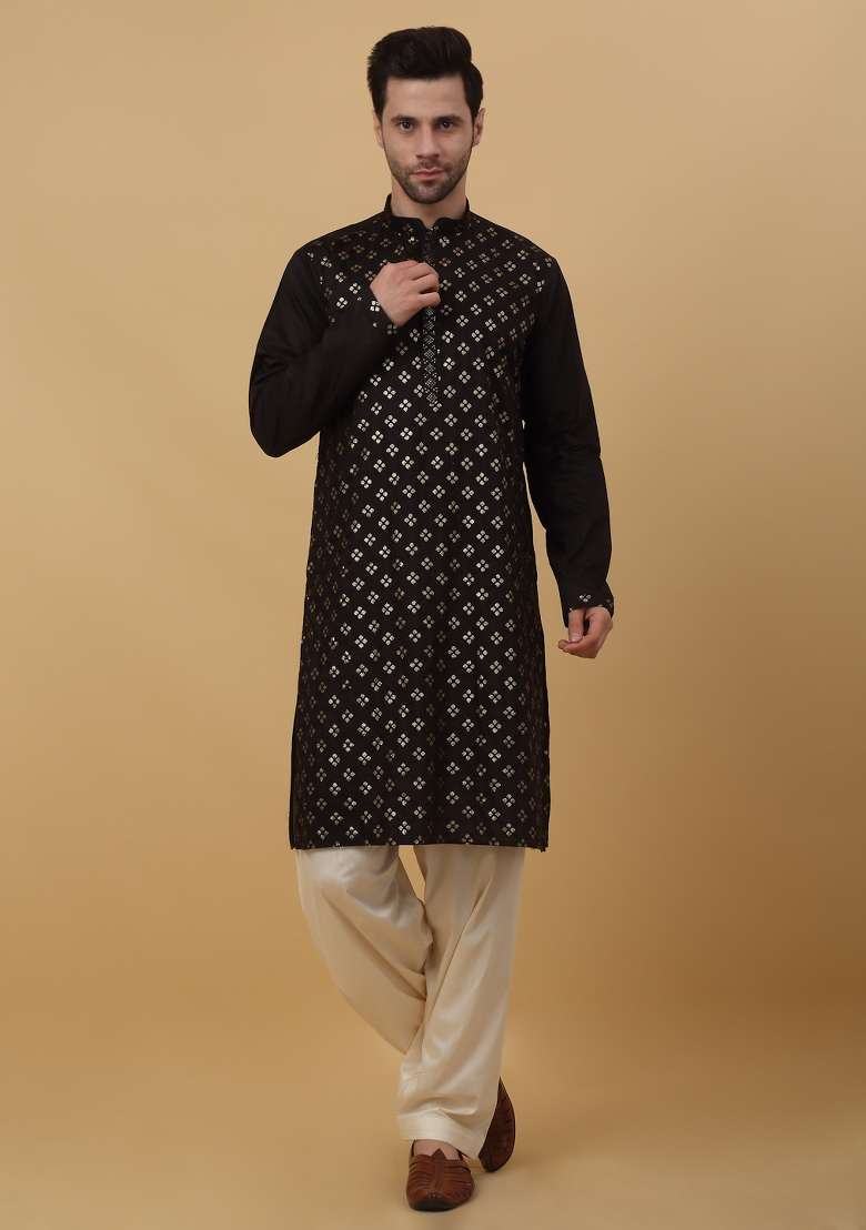 Black Embroidered Silk Blend Kurta Set For Men - Indya