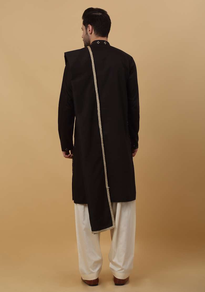 Black Embroidered Silk Blend Kurta Set For Men - Indya