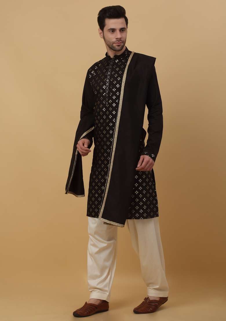 Black Embroidered Silk Blend Kurta Set For Men - Indya
