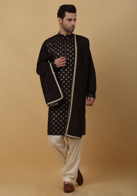 Black Embroidered Silk Blend Kurta Set For Men