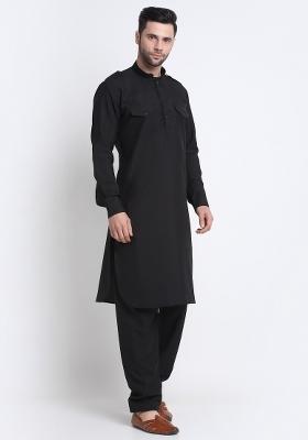 Black Solid Cotton Blend Kurta Set For Men