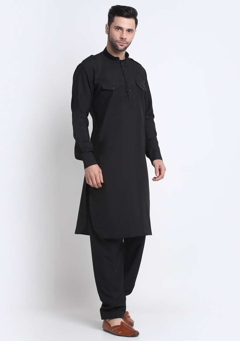 Black Solid Cotton Blend Kurta Set For Men - Indya