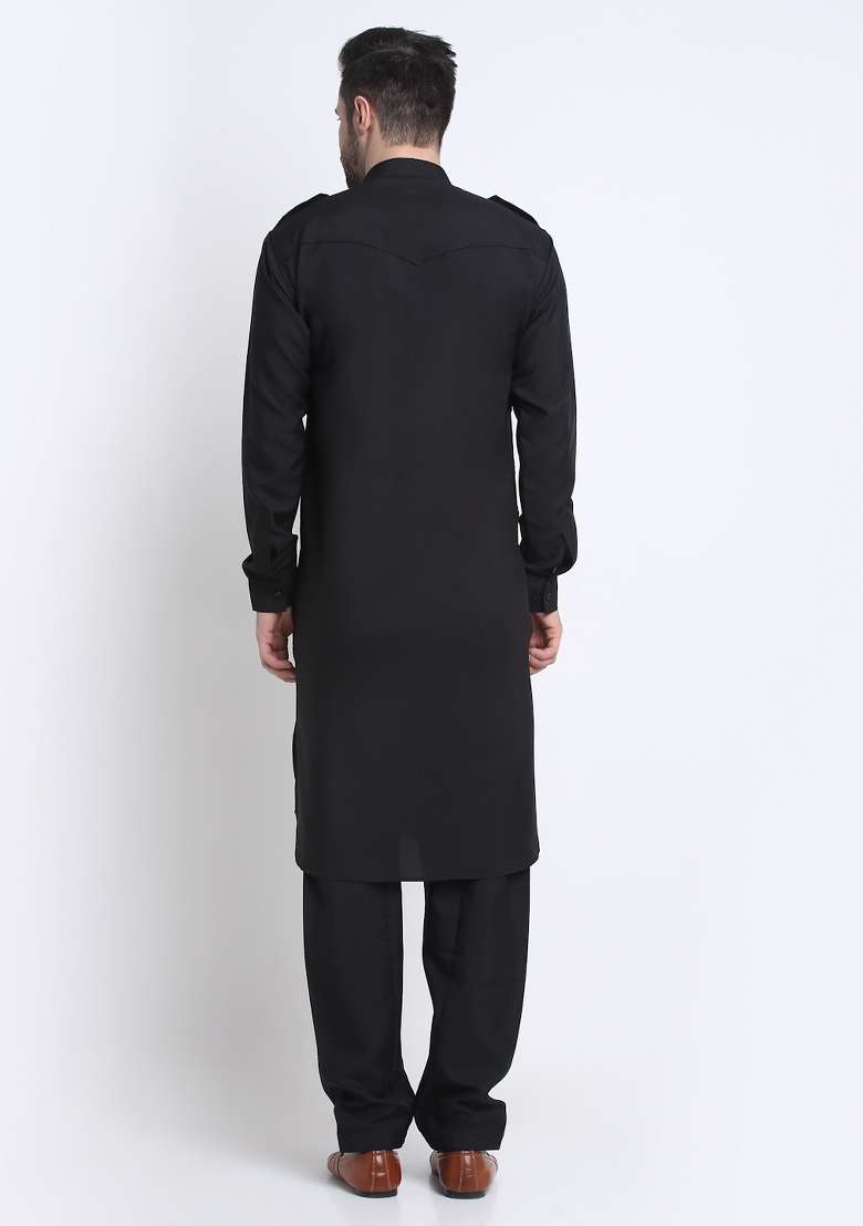 Black Solid Cotton Blend Kurta Set For Men - Indya