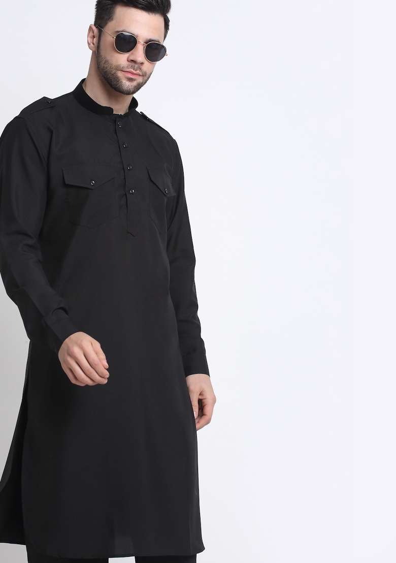 Black Solid Cotton Blend Kurta Set For Men - Indya