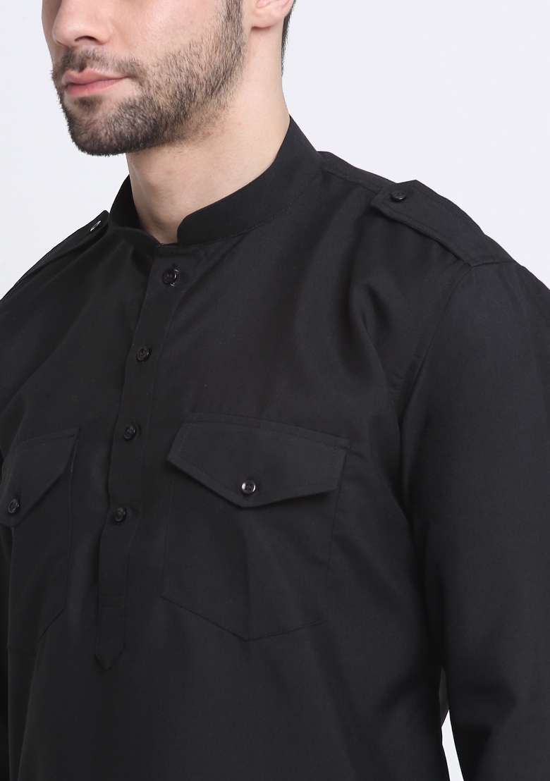 Black Solid Cotton Blend Kurta Set For Men - Indya