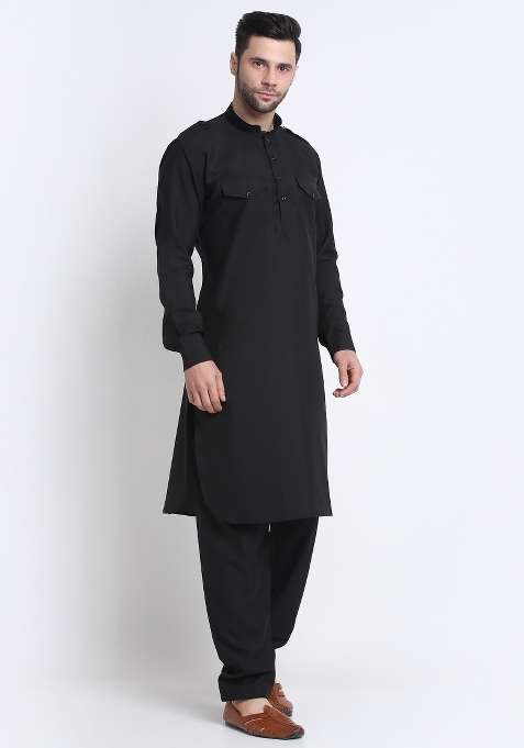 Black Solid Cotton Blend Kurta Set For Men