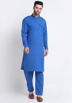 Blue Solid Cotton Blend Kurta Set For Men