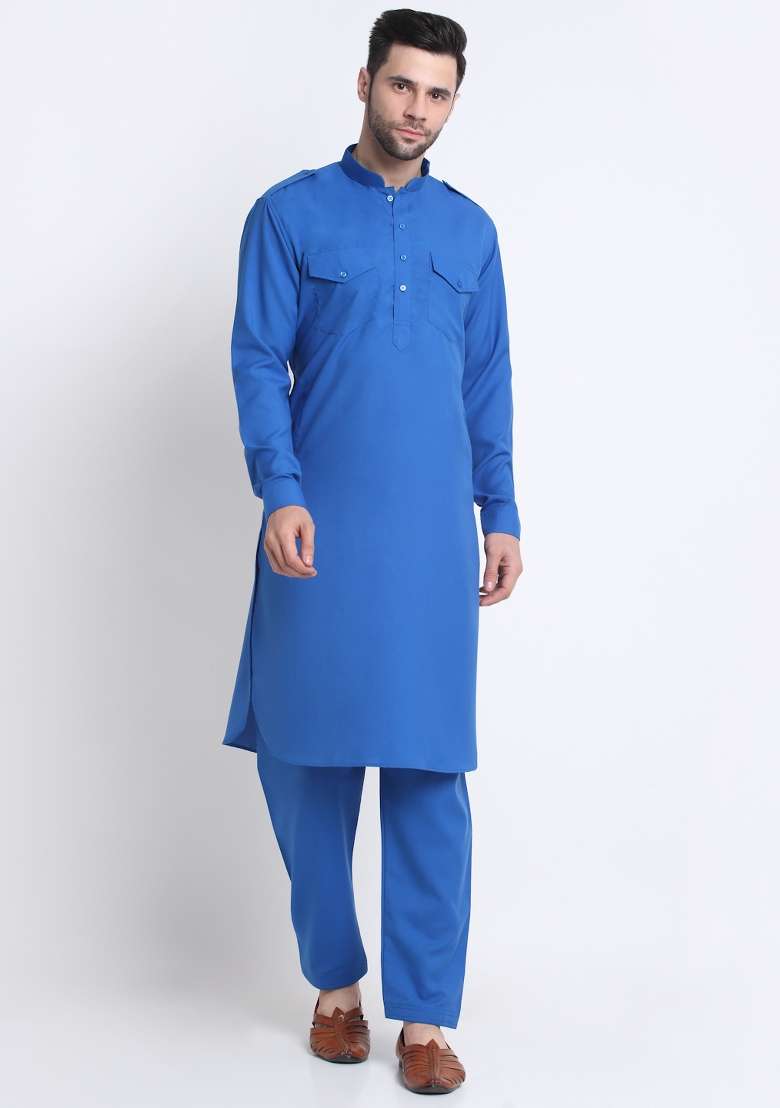 Blue Solid Cotton Blend Kurta Set For Men - Indya