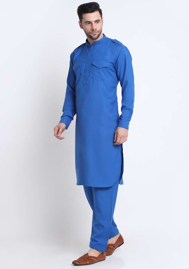 Blue Solid Cotton Blend Kurta Set For Men - Indya