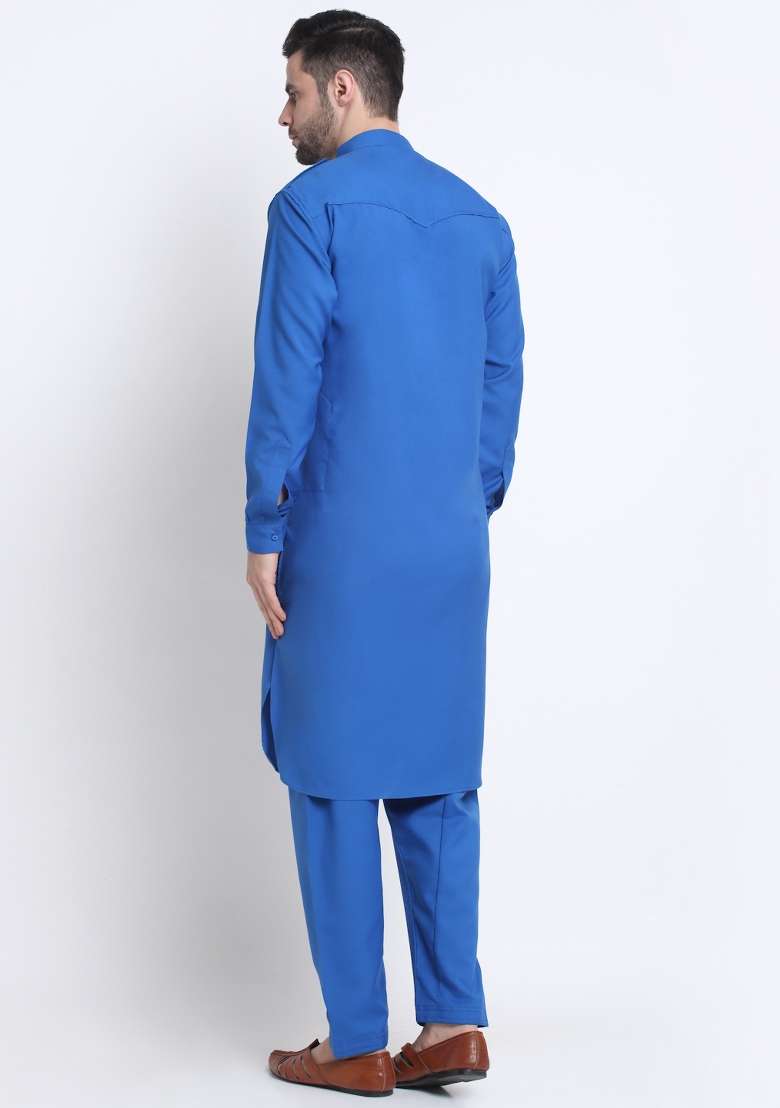 Blue Solid Cotton Blend Kurta Set For Men - Indya