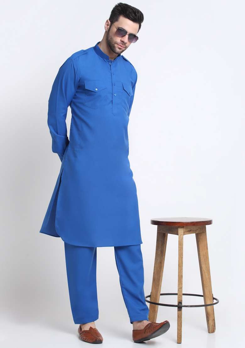 Blue Solid Cotton Blend Kurta Set For Men - Indya