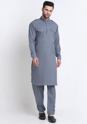 Grey Solid Cotton Blend Kurta Set For Men