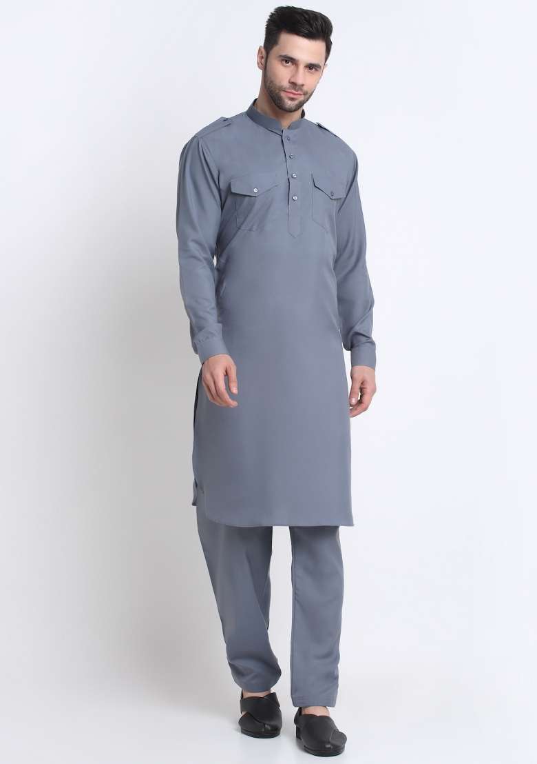 Grey Solid Cotton Blend Kurta Set For Men - Indya