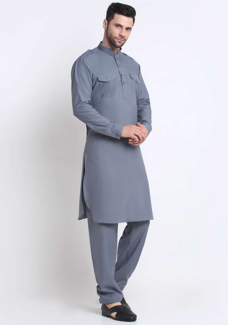Grey Solid Cotton Blend Kurta Set For Men - Indya