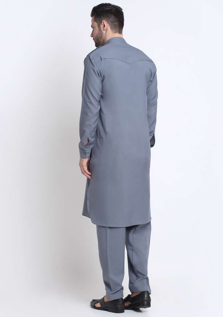 Grey Solid Cotton Blend Kurta Set For Men - Indya