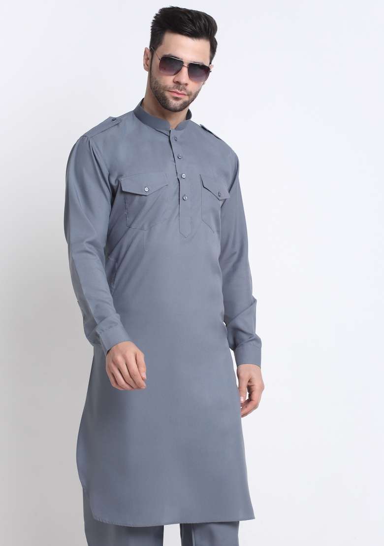 Grey Solid Cotton Blend Kurta Set For Men - Indya