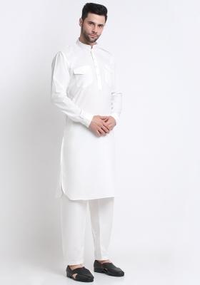 White Solid Cotton Blend Kurta Set For Men