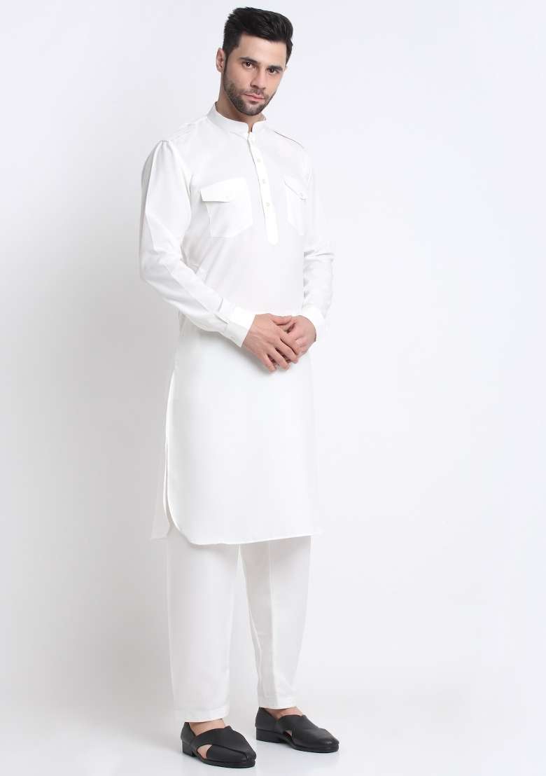 White Solid Cotton Blend Kurta Set For Men - Indya