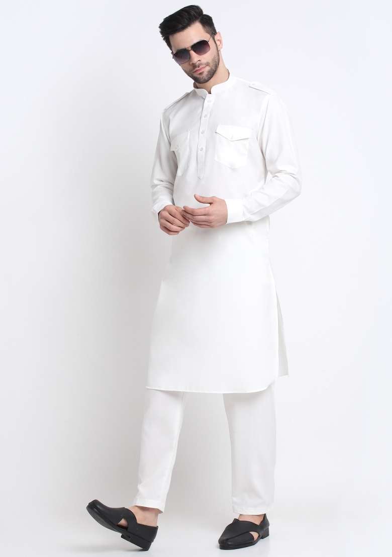 White Solid Cotton Blend Kurta Set For Men - Indya