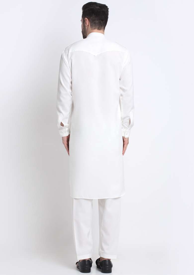 White Solid Cotton Blend Kurta Set For Men - Indya