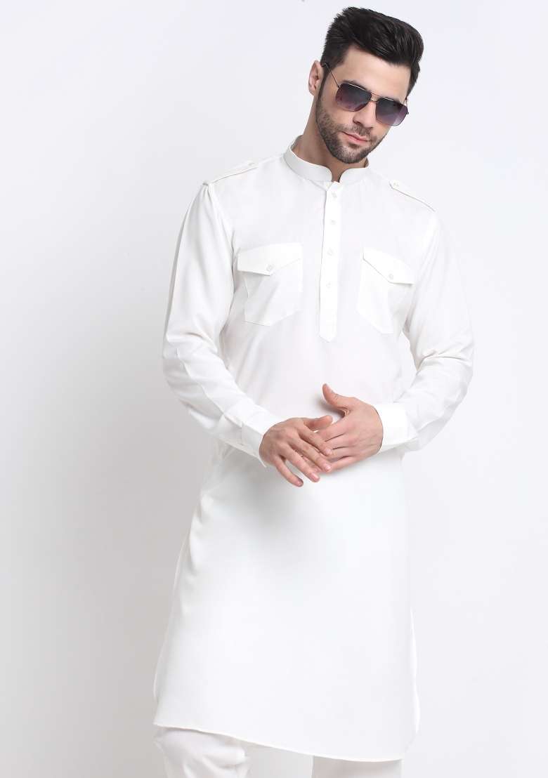 White Solid Cotton Blend Kurta Set For Men - Indya