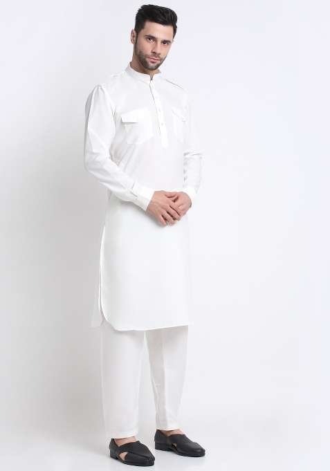 White Solid Cotton Blend Kurta Set For Men