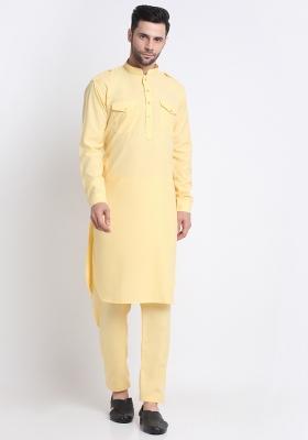 Yellow Solid Cotton Blend Kurta Set For Men
