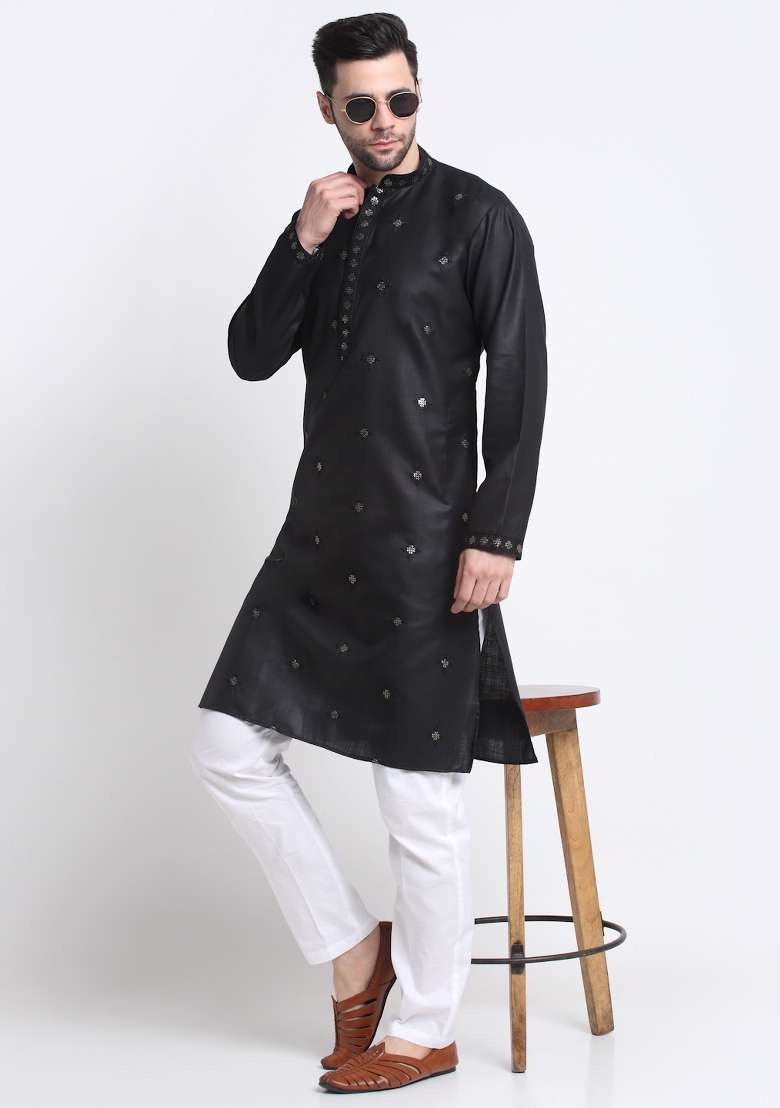 Black Embroidered Cotton Kurta Set For Men - Indya