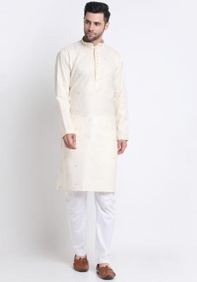 Cream Embroidered Cotton Kurta Set For Men