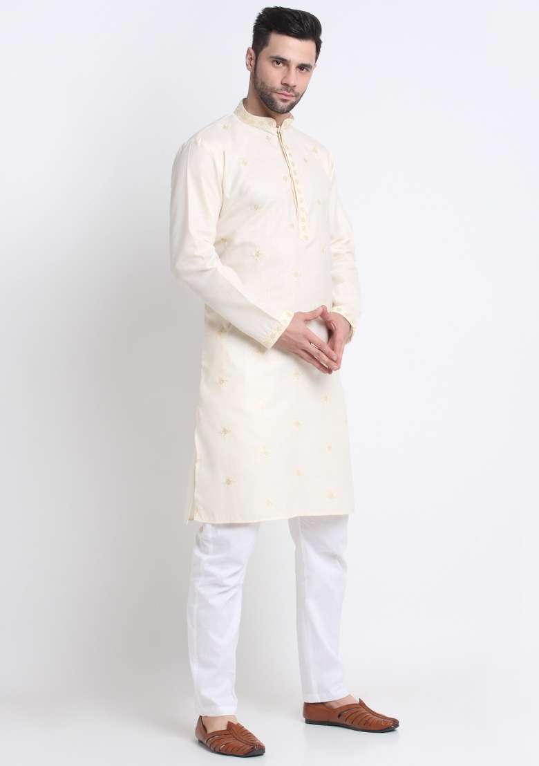 Cream Embroidered Cotton Kurta Set For Men - Indya