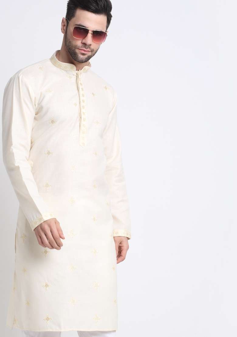 Cream Embroidered Cotton Kurta Set For Men - Indya