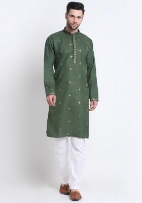 Olive Green Embroidered Cotton Kurta Set For Men