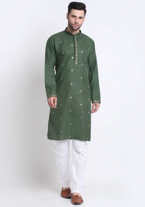 Olive Green Embroidered Cotton Kurta Set For Men