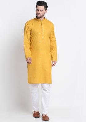 Mustard Yellow Embroidered Cotton Kurta Set For Men