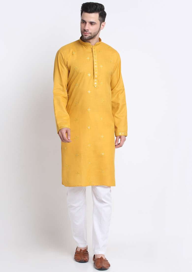 Mustard Yellow Embroidered Cotton Kurta Set For Men - Indya