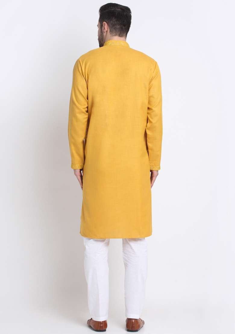 Mustard Yellow Embroidered Cotton Kurta Set For Men - Indya