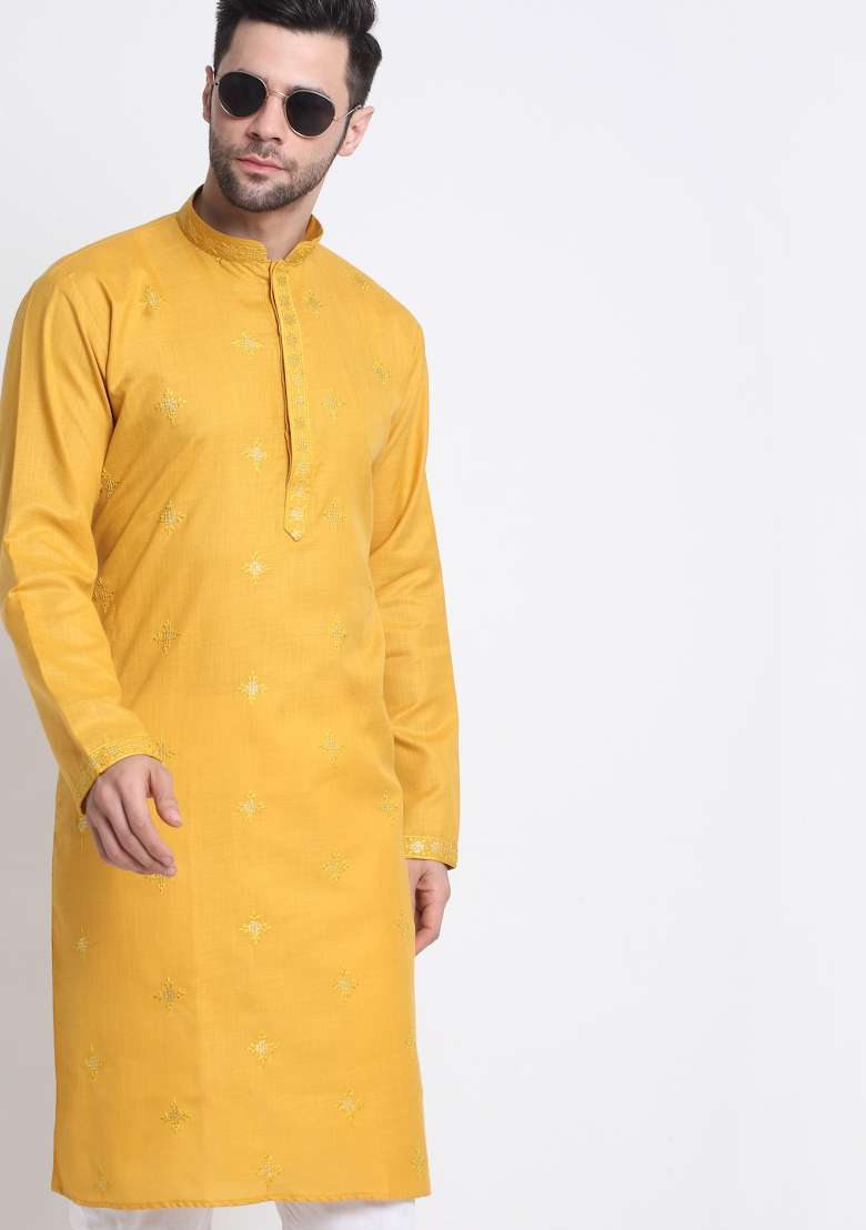 Mustard Yellow Embroidered Cotton Kurta Set For Men - Indya